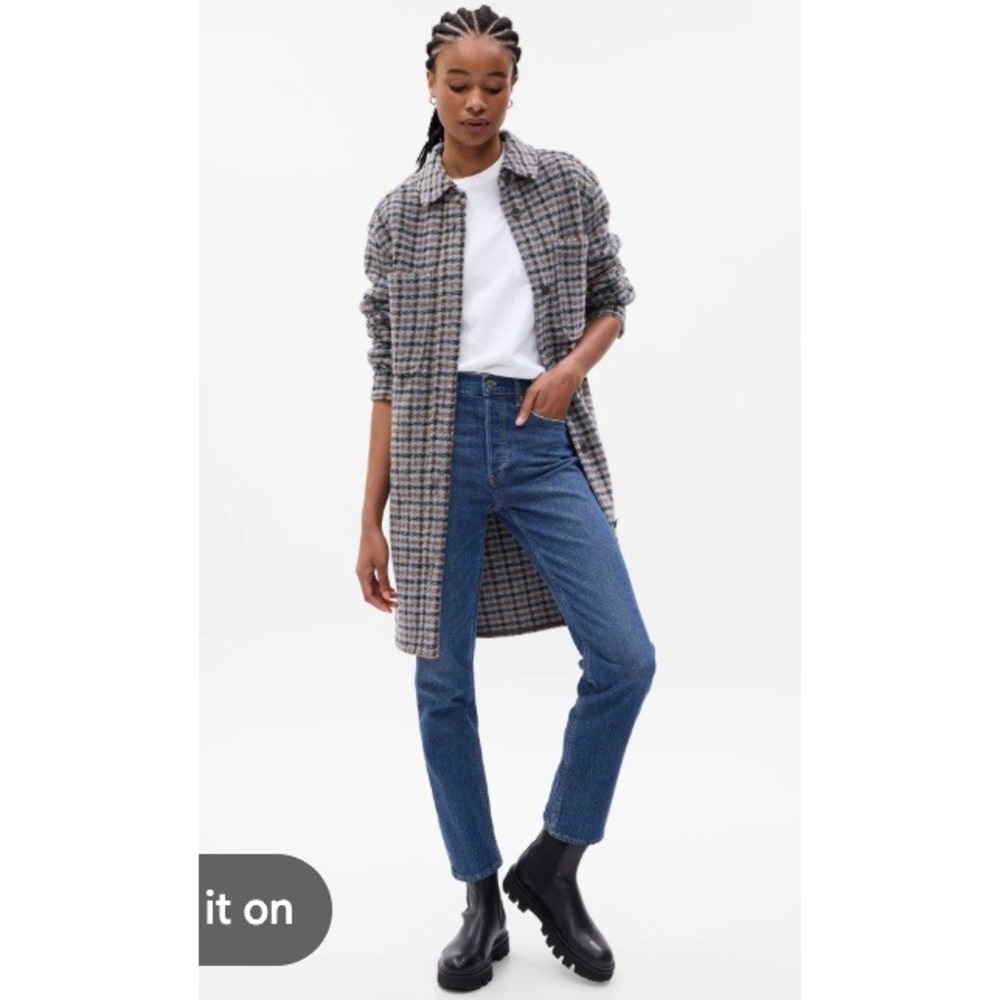 NEW $168 Gap Long Wool Blend Shacket M Multicolor Plaid Longline Button Front